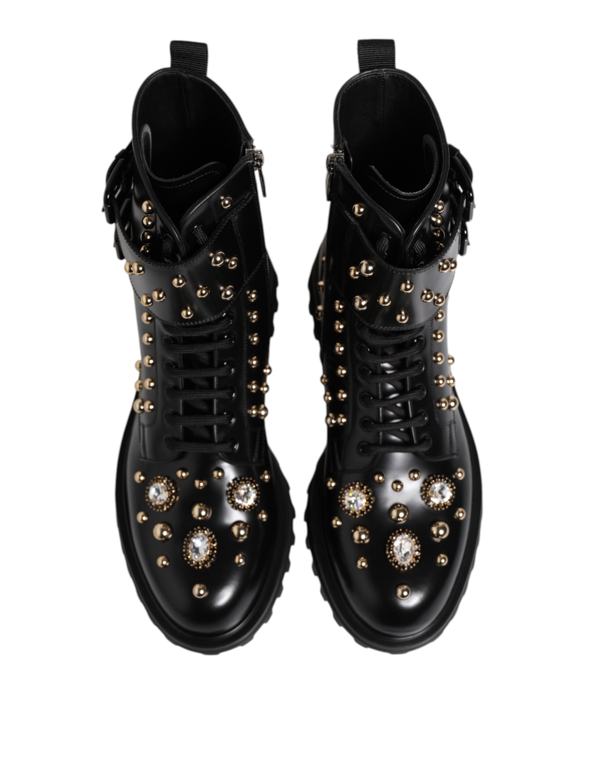 Dolce & Gabbana Black Studded Lace Up Mid Calf Boots Shoes