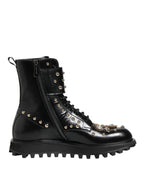 Dolce & Gabbana Black Studded Lace Up Mid Calf Boots Shoes