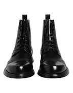Dolce & Gabbana Black Leather Lace Up Mid Calf Boots Shoes