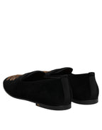 Dolce & Gabbana Black Velvet Gold Crown Mens Loafers Shoes
