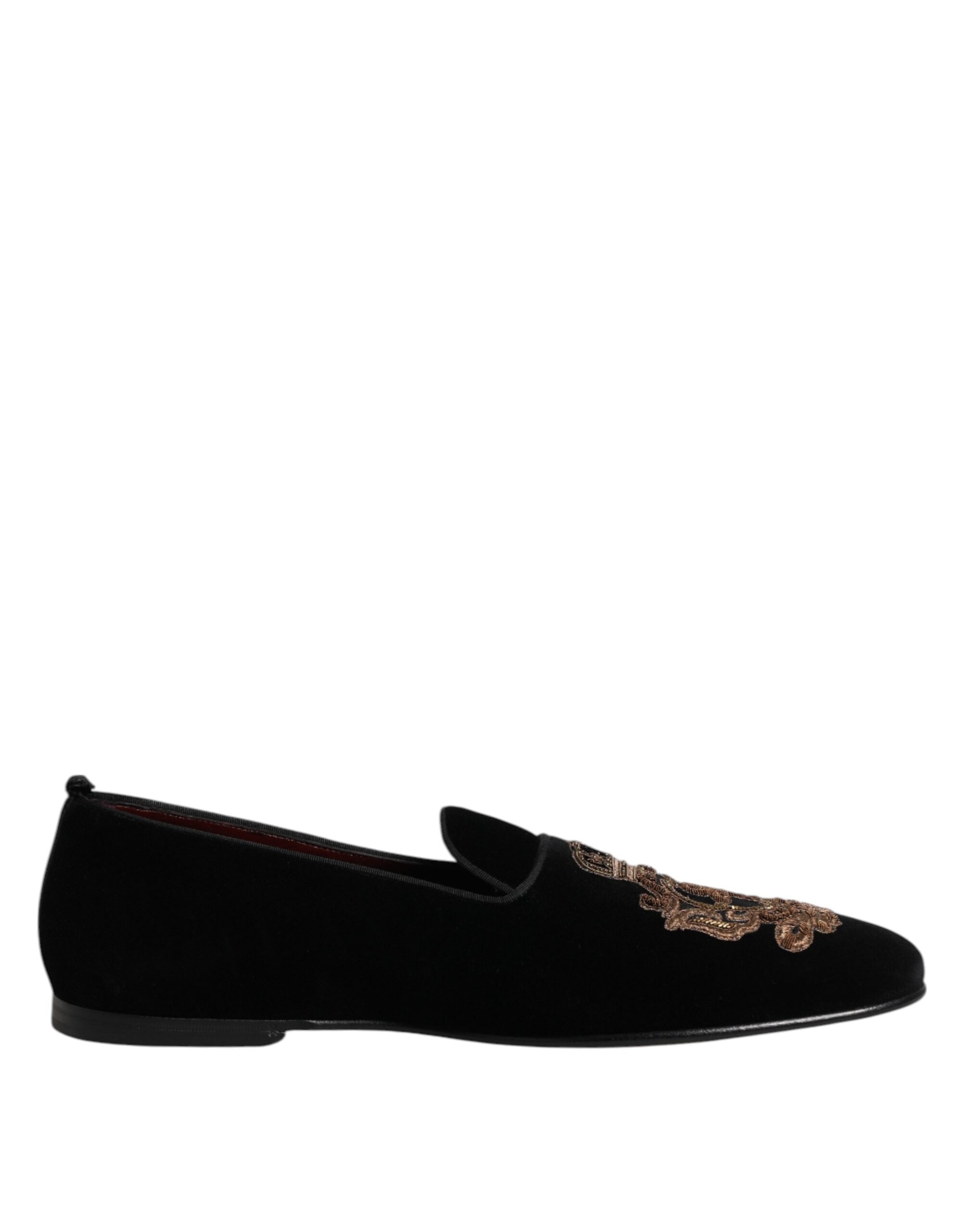 Dolce & Gabbana Black Velvet Gold Crown Mens Loafers Shoes