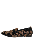 Dolce & Gabbana Black Floral Embroidery Men Loafers Shoes
