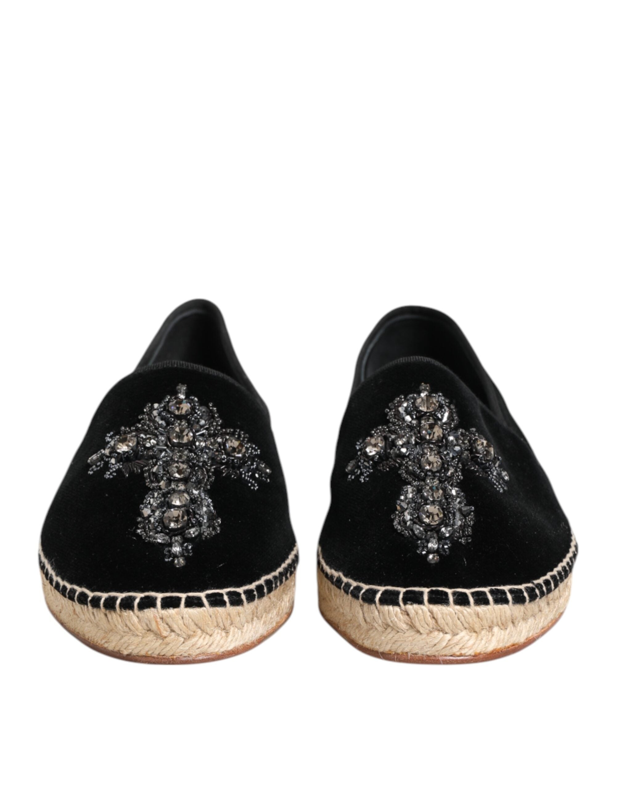 Dolce & Gabbana Black Cross Crystal Slip On Espadrille Shoes