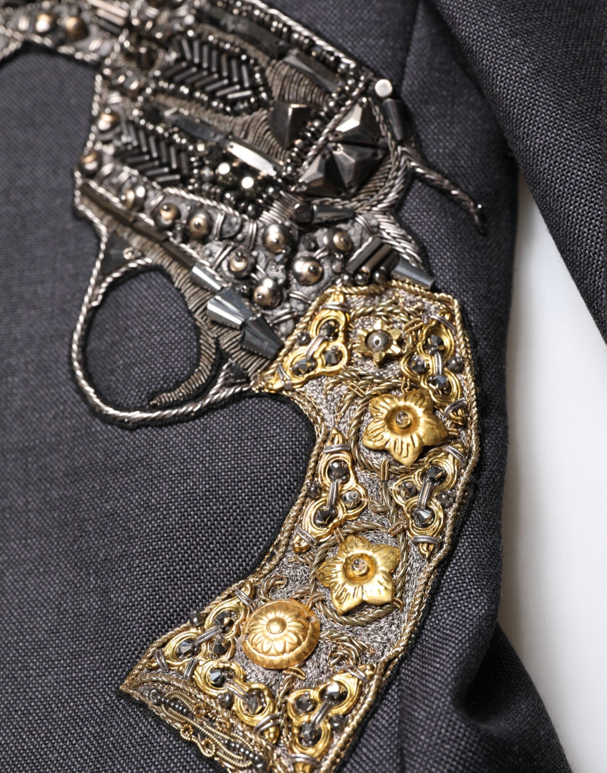 Dolce & Gabbana Dark Gray Bee Embroidery Wool Coat Blazer