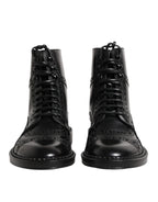 Dolce & Gabbana Black Leather Lace Up Mid Calf Boots Shoes