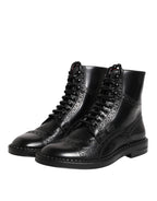 Dolce & Gabbana Black Leather Lace Up Mid Calf Boots Shoes