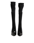 Dolce & Gabbana Black Leather Ribbed Knit Knee Boots Shoes