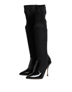 Dolce & Gabbana Black Leather Ribbed Knit Knee Boots Shoes