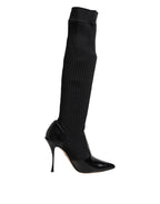Dolce & Gabbana Black Leather Ribbed Knit Knee Boots Shoes