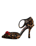 Dolce & Gabbana Brown Leopard Crystal Roses Pumps Shoes