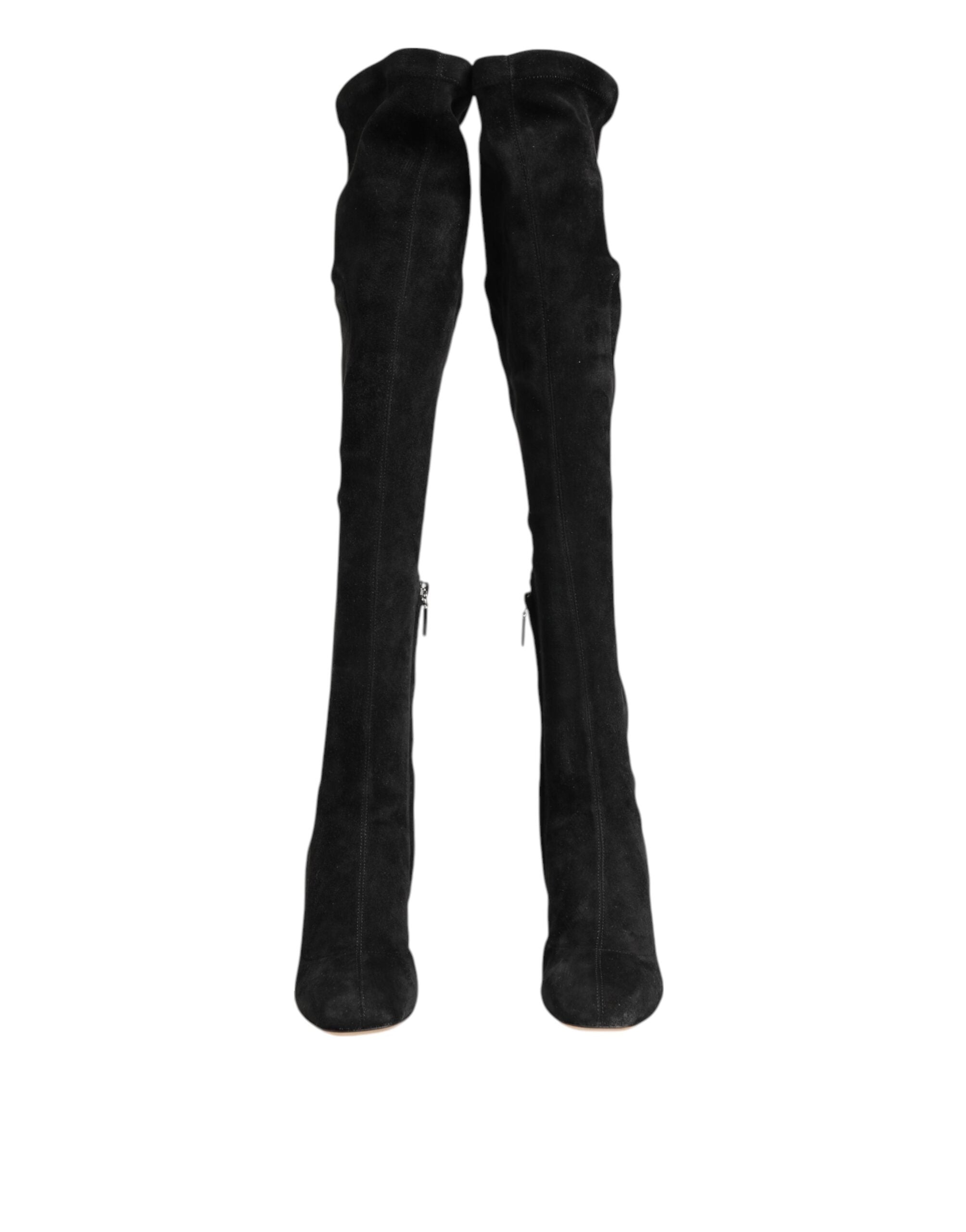 Dolce & Gabbana Black Suede Leather Knee High Boots Shoes