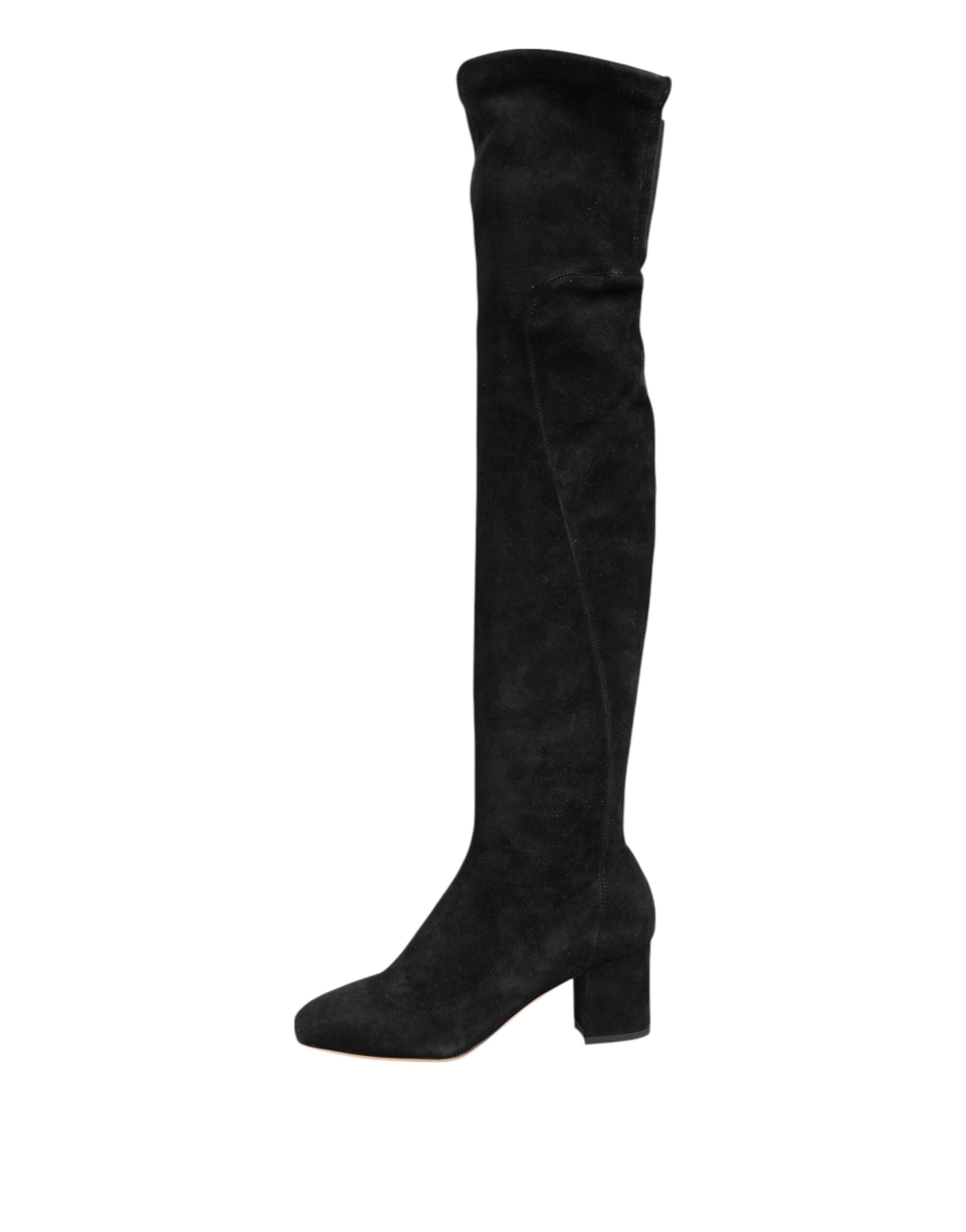 Dolce & Gabbana Black Suede Leather Knee High Boots Shoes