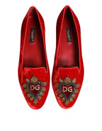 Dolce & Gabbana Red Velvet DG Heart Loafers Flat Shoes