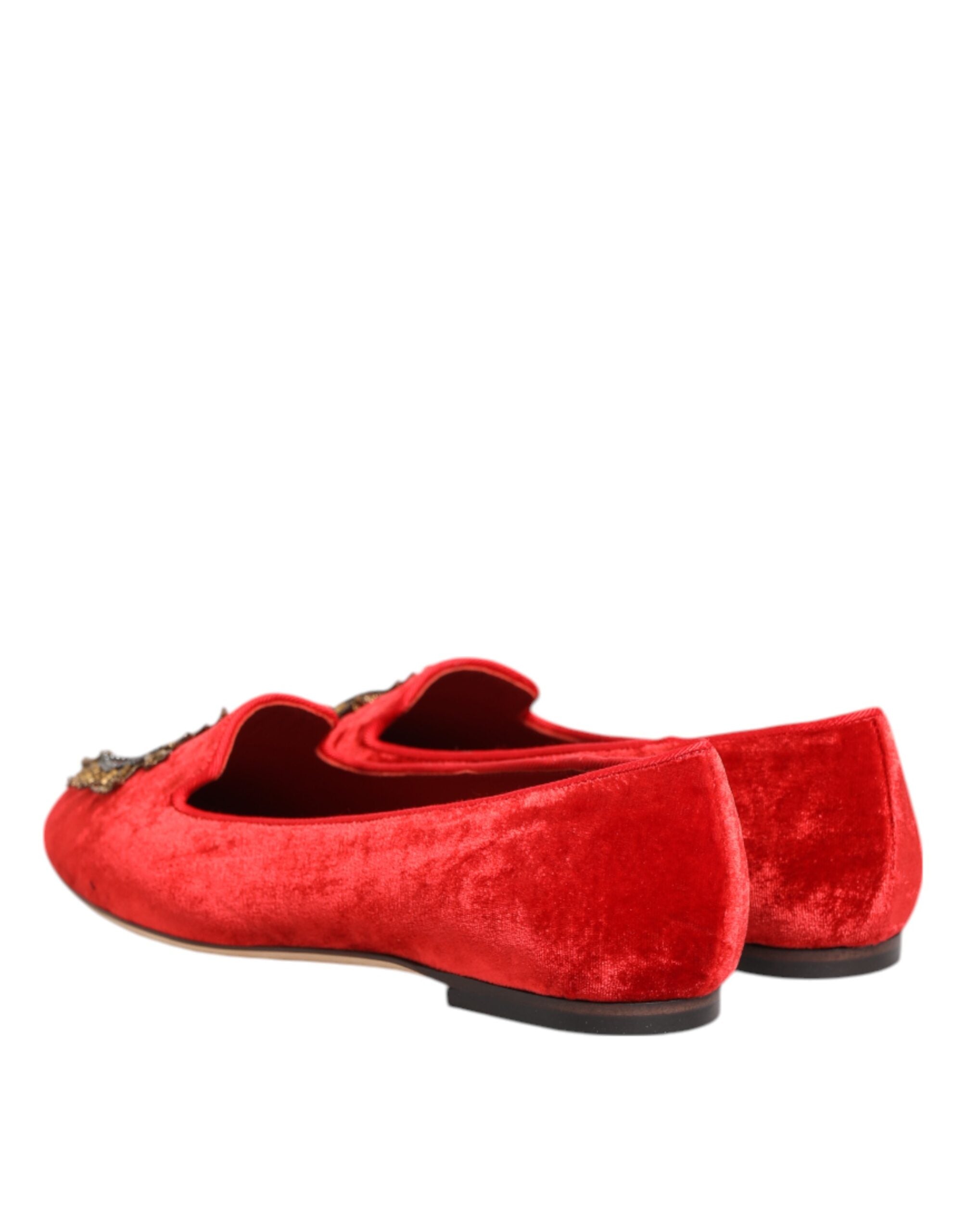 Dolce & Gabbana Red Velvet DG Heart Loafers Flat Shoes
