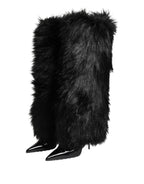 Dolce & Gabbana Black Faux Fur Pointed Knee High Stiletto Boots Shoes