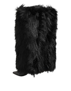 Dolce & Gabbana Black Faux Fur Pointed Knee High Stiletto Boots Shoes
