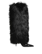 Dolce & Gabbana Black Faux Fur Pointed Knee High Stiletto Boots Shoes