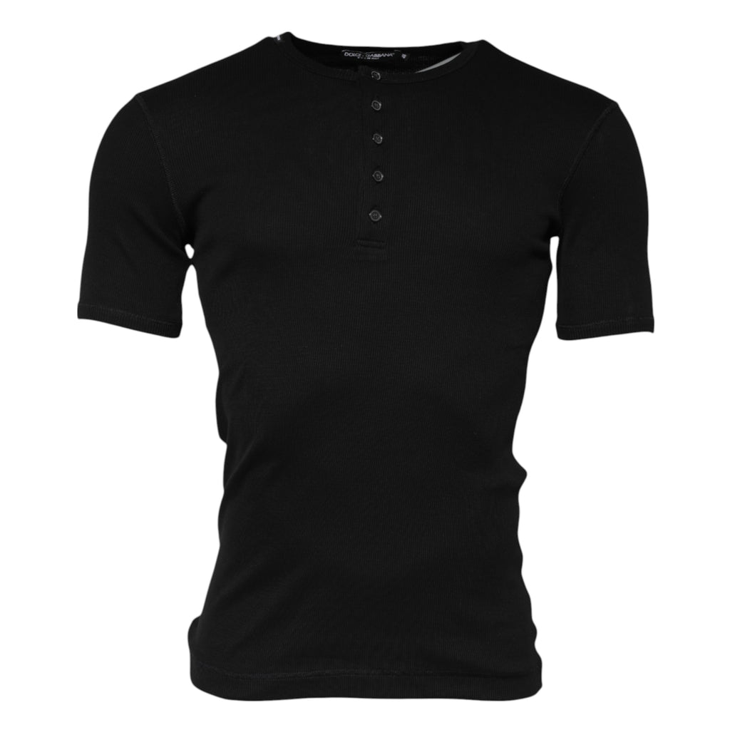 Dolce & Gabbana Black Cotton Knit Crew Neck Henley T-shirt