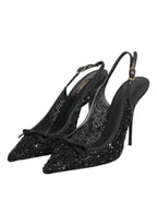 Dolce & Gabbana Black Tulle Ricamo Heels Slingbacks Shoes