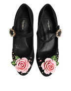 Dolce & Gabbana Black Flower Crystal Embellished Mary Jane Shoes