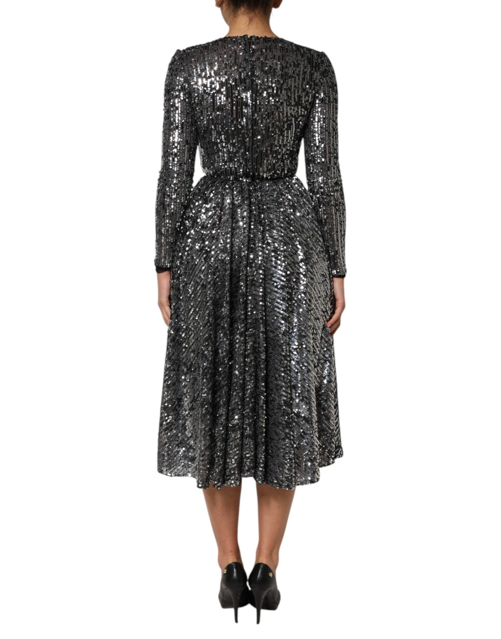 Dolce & Gabbana Black Sequined Long Sleeves Midi A-line  Dress