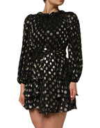 Dolce & Gabbana Black Gold Polka Dot Silk Brocade Mini Dress