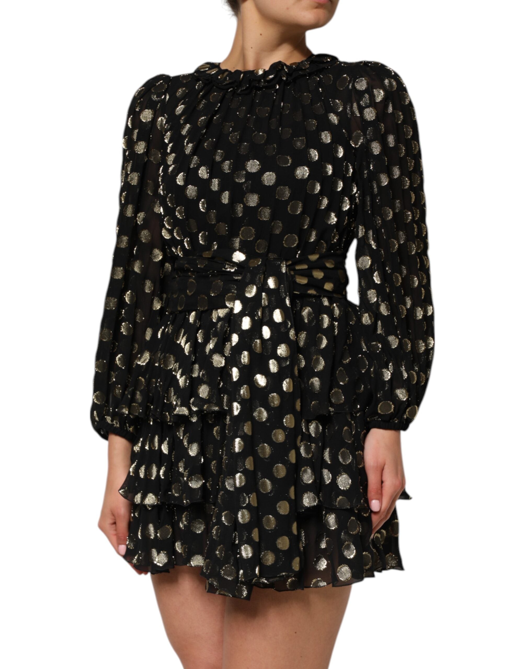 Dolce & Gabbana Black Gold Polka Dot Silk Brocade Mini Dress