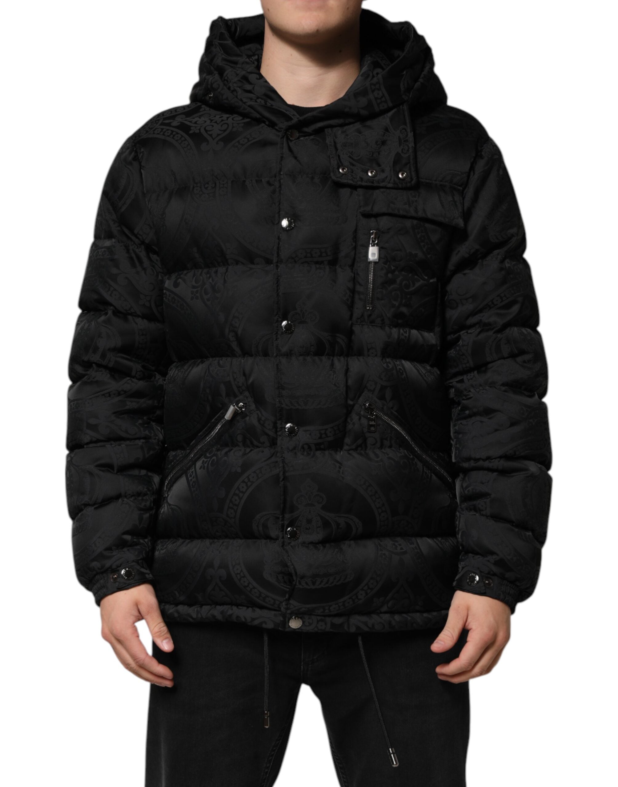 Dolce & Gabbana Black Jacquard Quilted Puffer Hooded Jacket