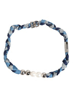 Dolce & Gabbana Blue White Braided Silver Metal Logo Beaded Men Bracelet