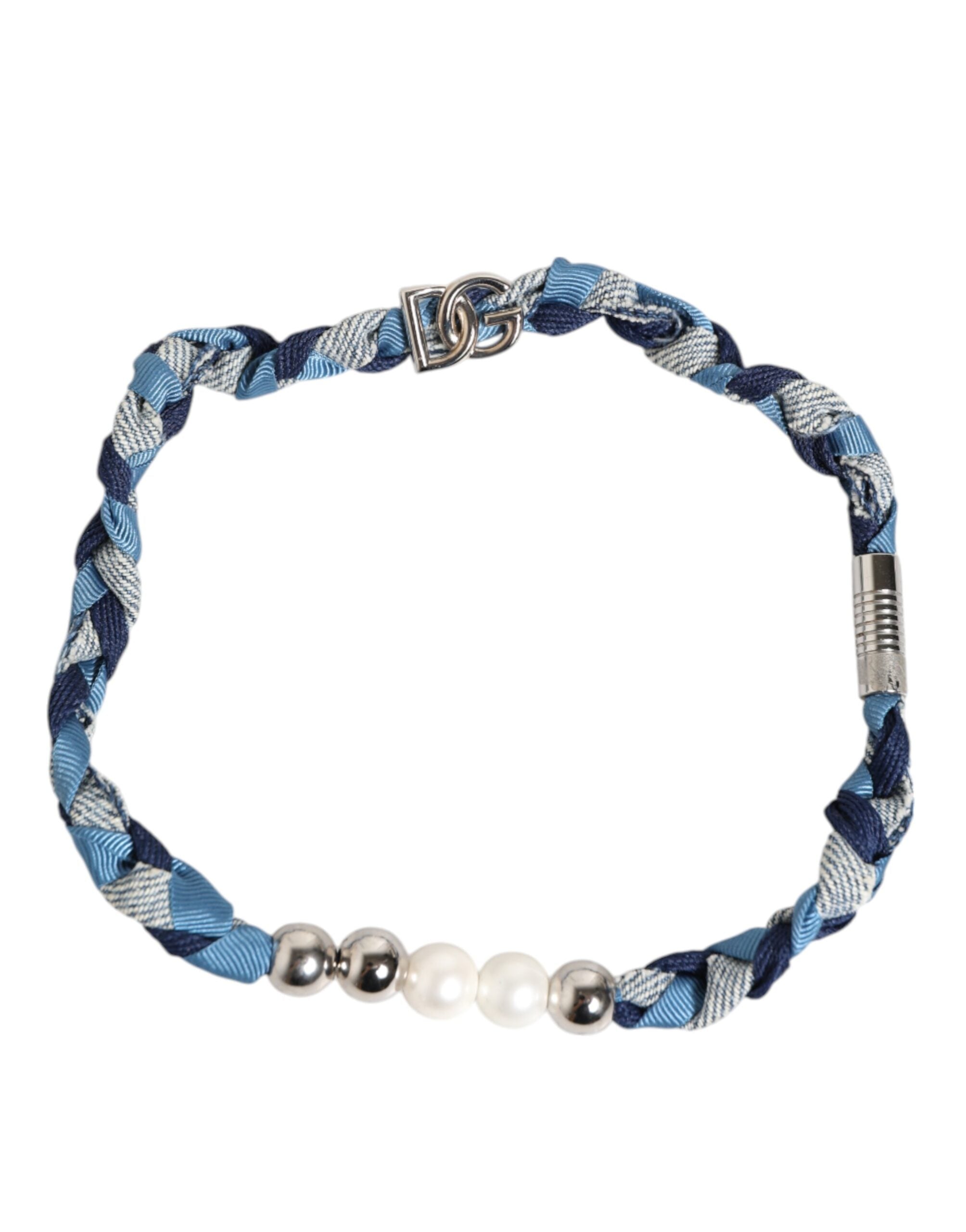 Dolce & Gabbana Blue White Braided Silver Metal Logo Beaded Men Bracelet