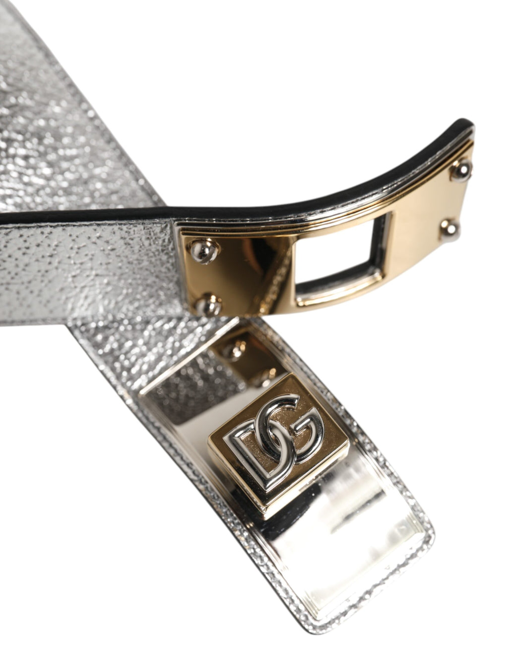 Dolce & Gabbana Silver Textured Leather Gold Tone Metal Neckband