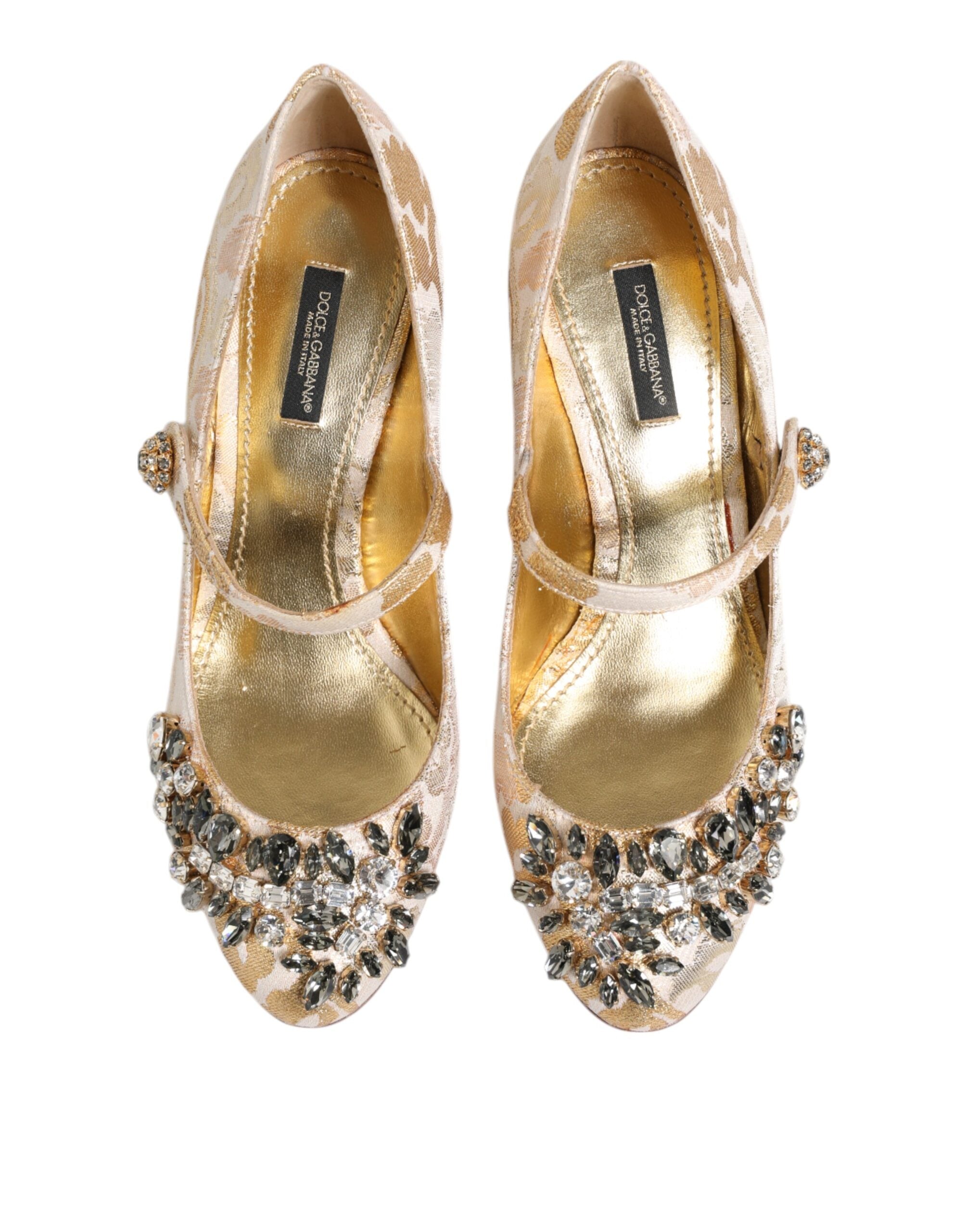 Dolce & Gabbana Gold Jacquard Crystal Mary Janes Pumps Shoes