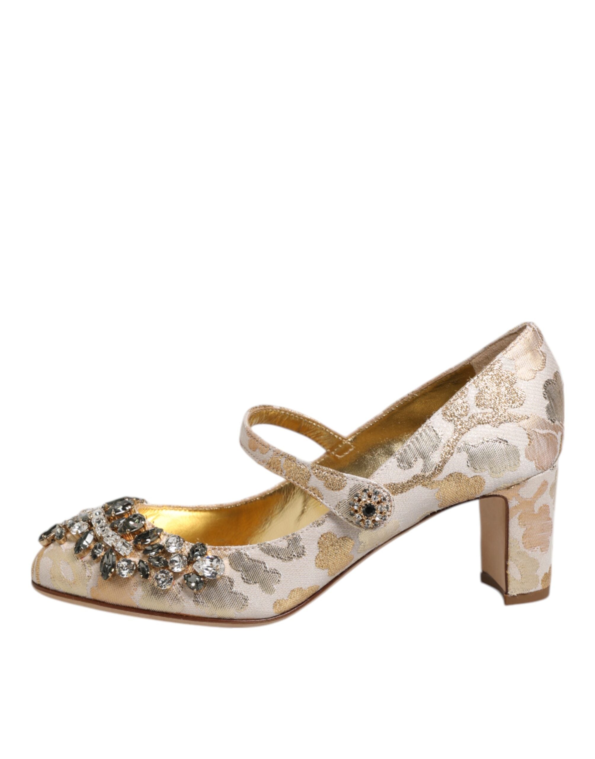 Dolce & Gabbana Gold Jacquard Crystal Mary Janes Pumps Shoes