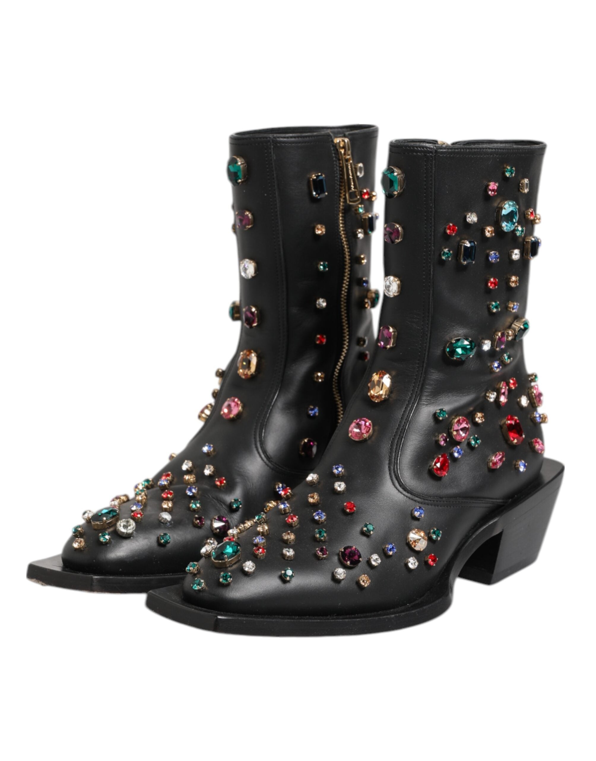 Dolce & Gabbana Black Crystal Cowboy Leather Men Boots Shoes