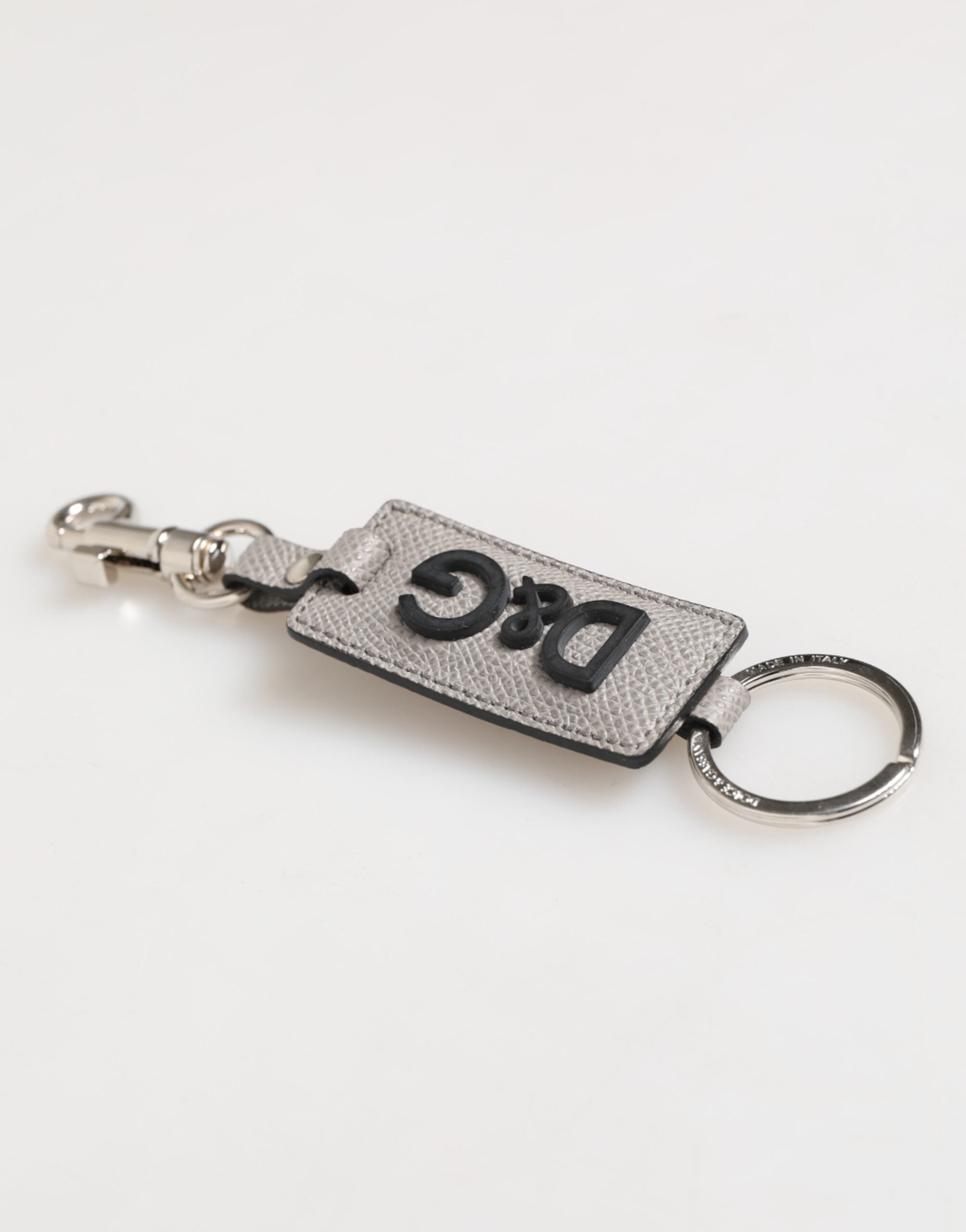 Dolce & Gabbana Gray Leather Logo Metal Ring Keychain Holder Men Keyring