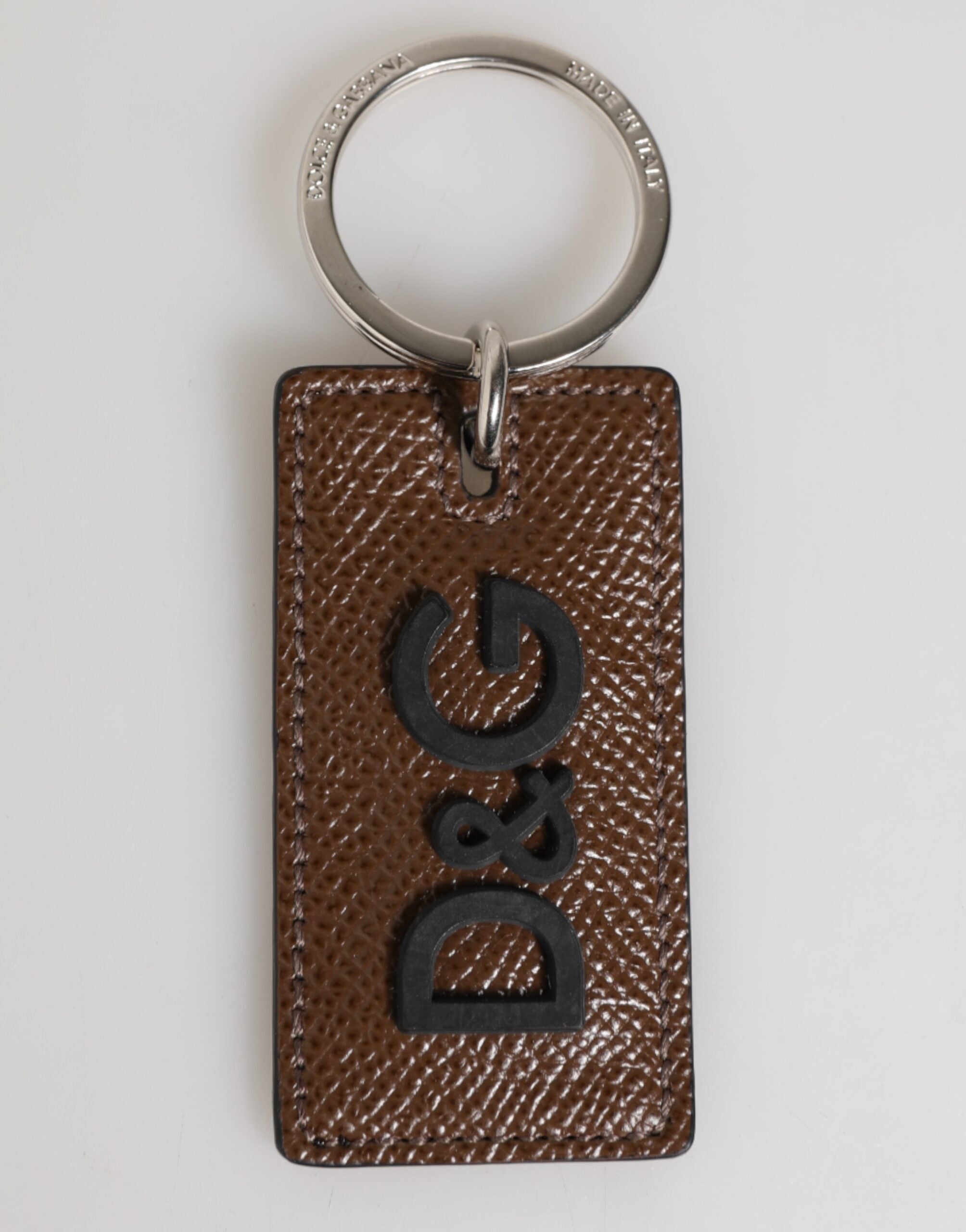 Dolce & Gabbana Dark Brown Leather Logo Metal Ring Keychain Holder Keyring