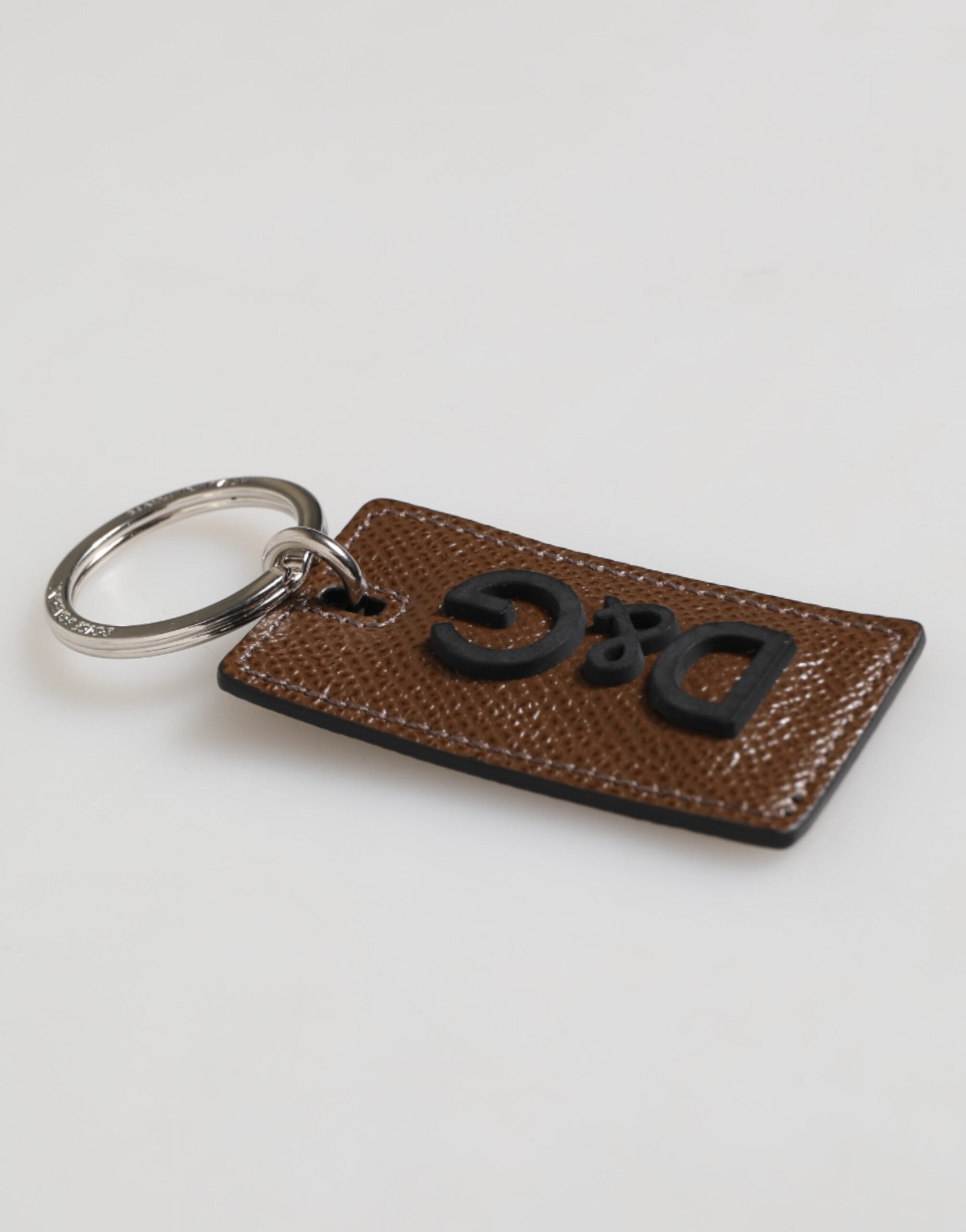 Dolce & Gabbana Dark Brown Leather Logo Metal Ring Keychain Holder Keyring