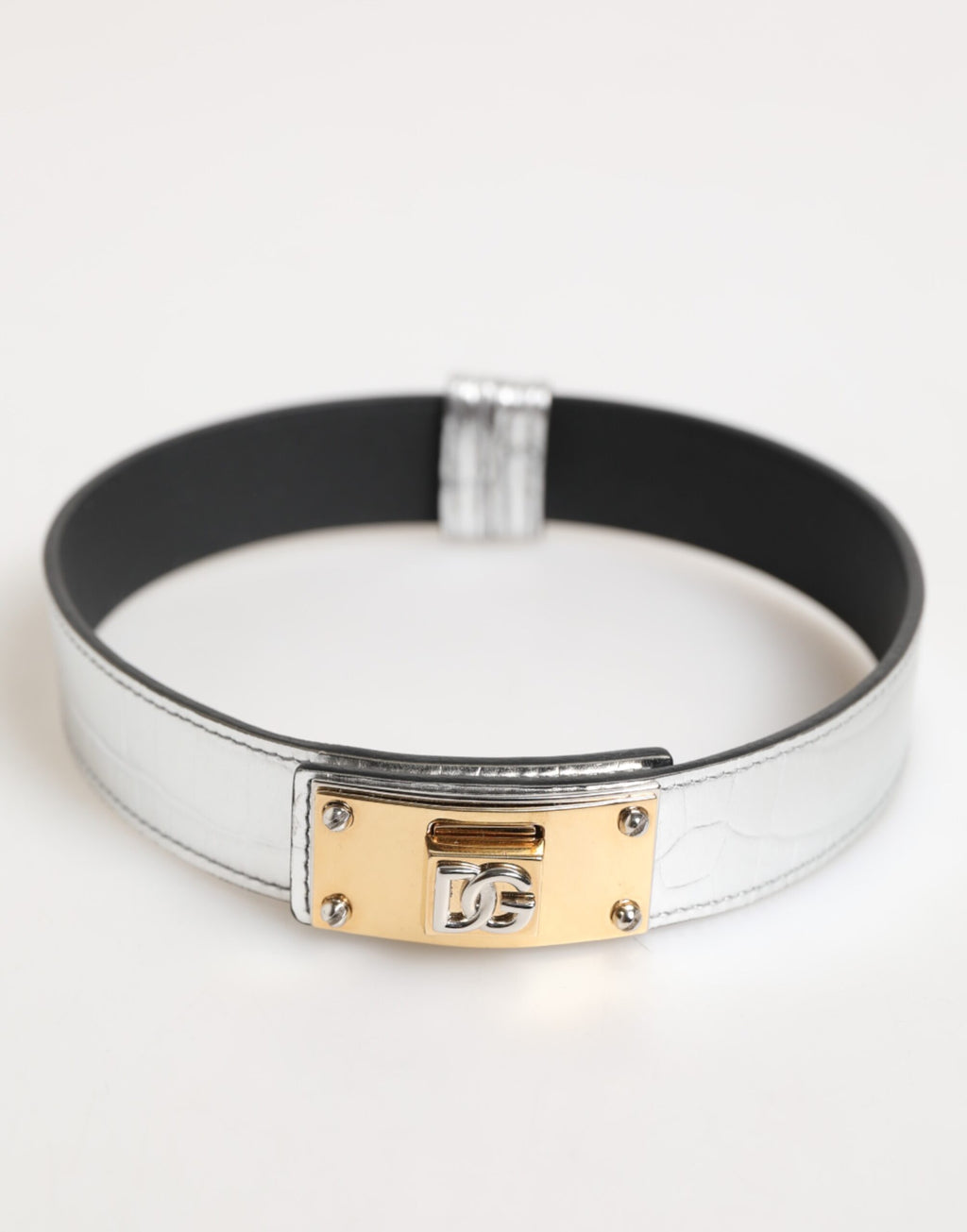 Dolce & Gabbana Silver Textured Leather Gold Tone Metal Neckband