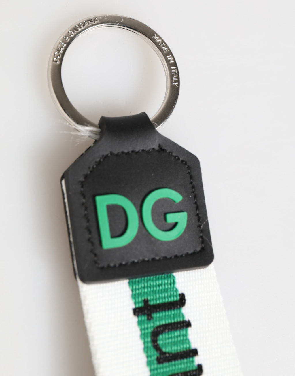 Dolce & Gabbana Green Logo Polyester Silver Brass Holder Keychain Keyring