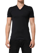 Dolce & Gabbana Black Cotton Plain V-Neck Men Shirt T-shirt