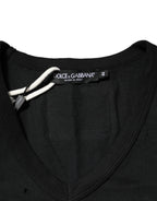 Dolce & Gabbana Black Cotton Tattered Logo V-Neck Men T-shirt