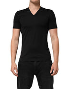 Dolce & Gabbana Black Cotton Plain V-Neck Men Shirt T-shirt