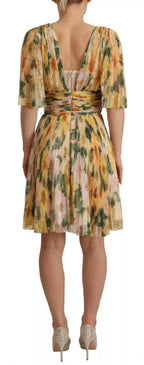 Dolce & Gabbana Yellow Floral Print Pleated Maxi Dress