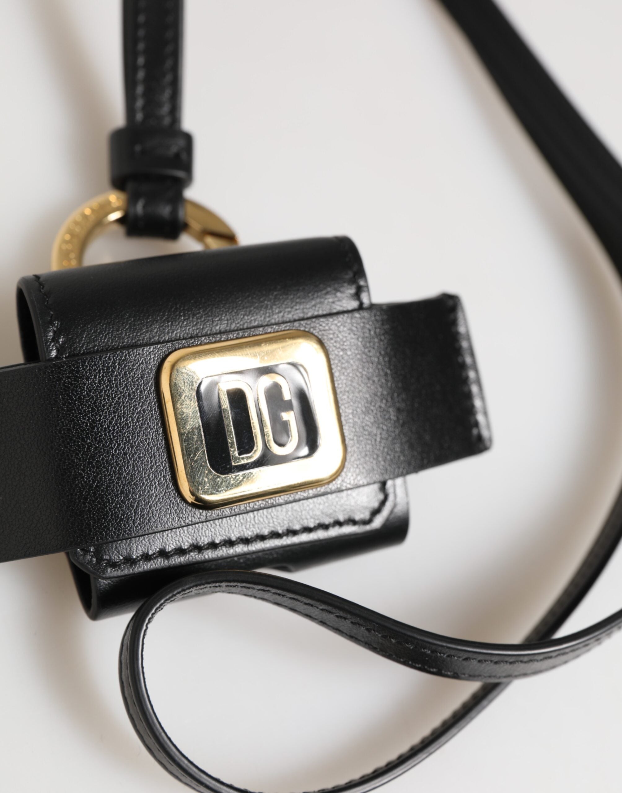 Dolce & Gabbana Black Leather Strap Gold Metal DG Logo Plaque Airpods Case