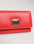Dolce & Gabbana Red Leather Silver Metal Logo Plaque Trifold  Key Holder