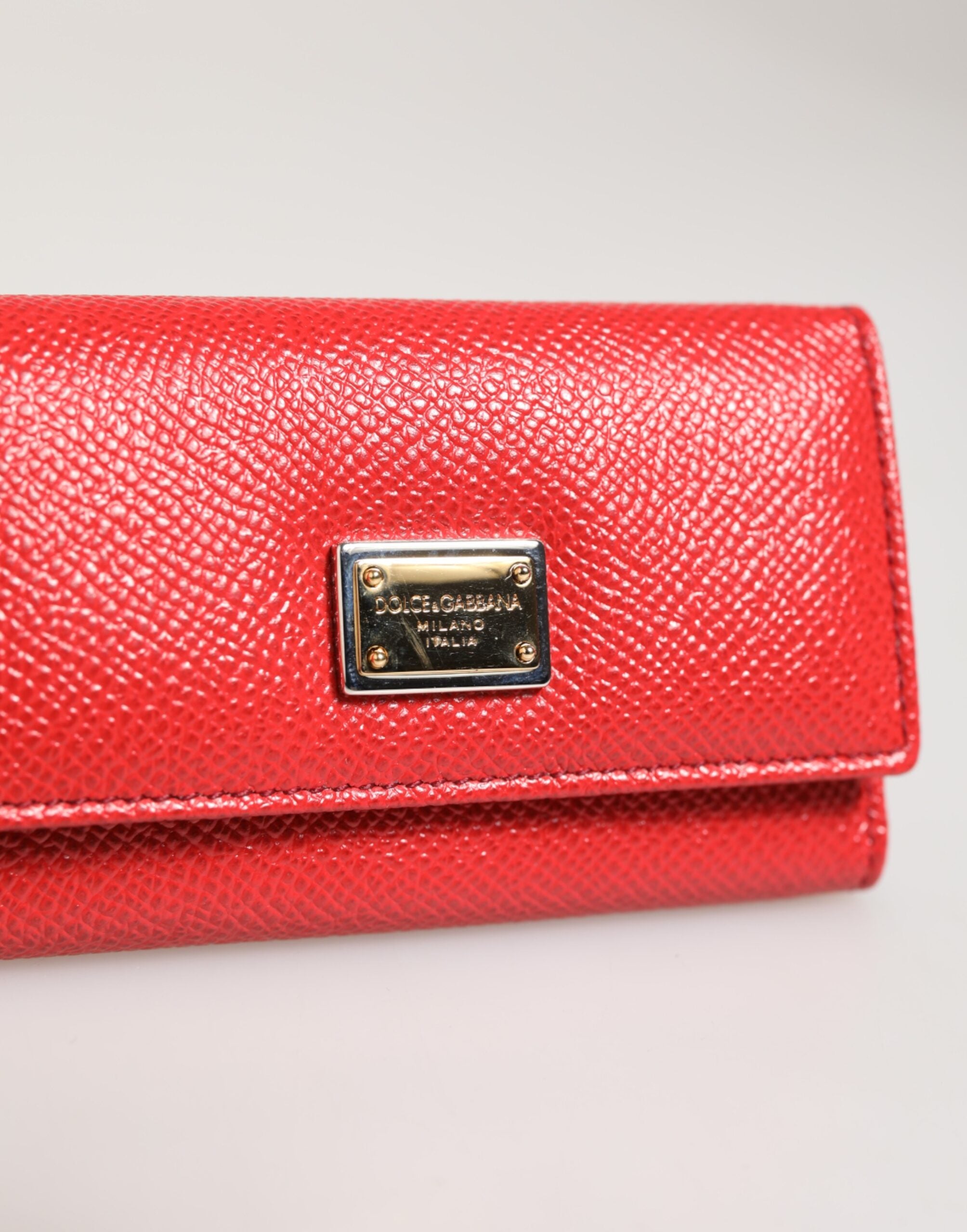 Dolce & Gabbana Red Leather Silver Metal Logo Plaque Trifold  Key Holder