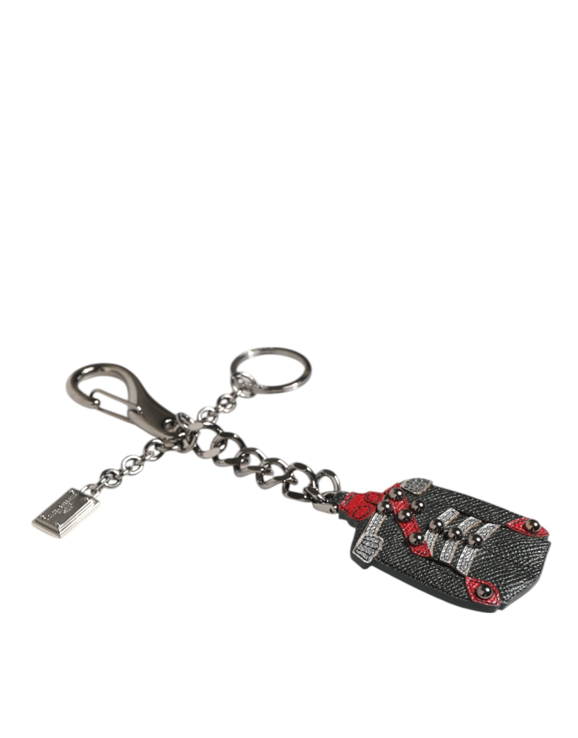 Dolce & Gabbana Black Red Military Leather Patch DG Logo Keychain Keyring