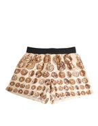 Dolce & Gabbana Brown Ancient Coin Print Silk Shorts Swimwear