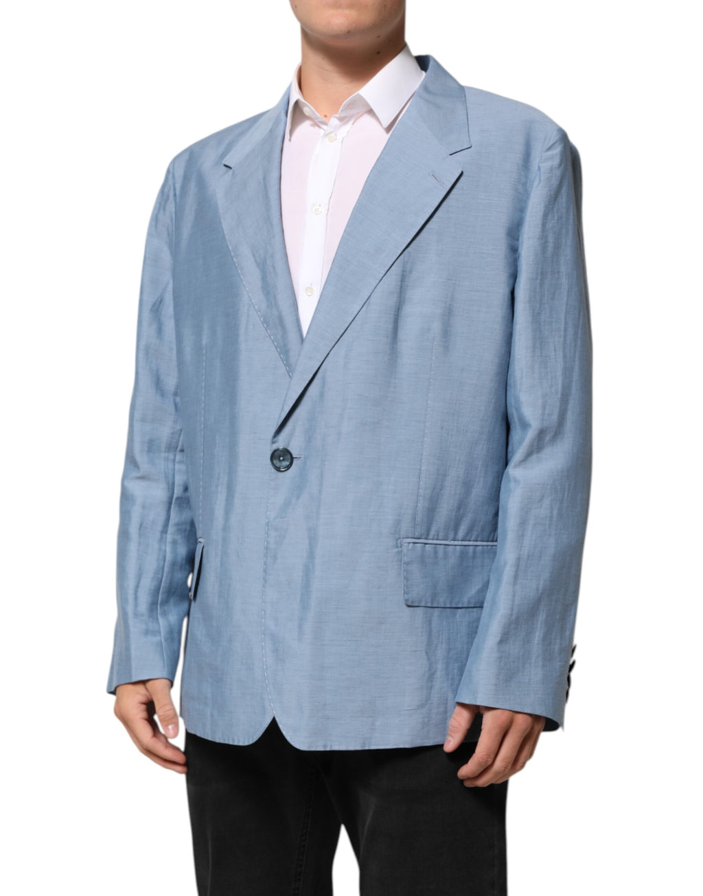 Dolce & Gabbana Light Blue Linen Double Breasted Men Jacket Blazer