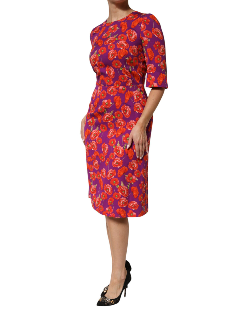 Dolce & Gabbana Purple Silk Floral Print Midi Sheath Dress
